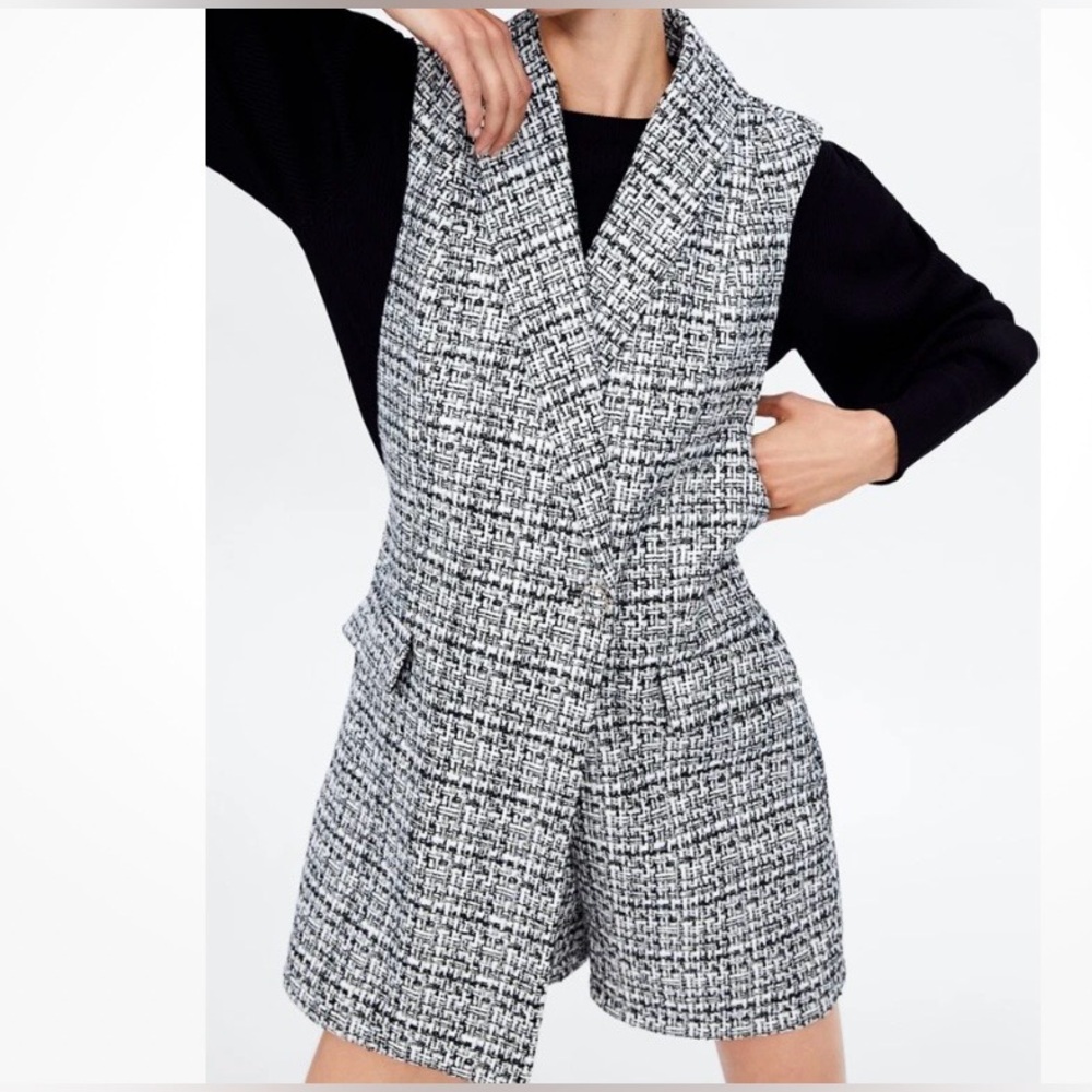 Zara Tweed Overall Dress Romper Black and White Sleeveless Size Small